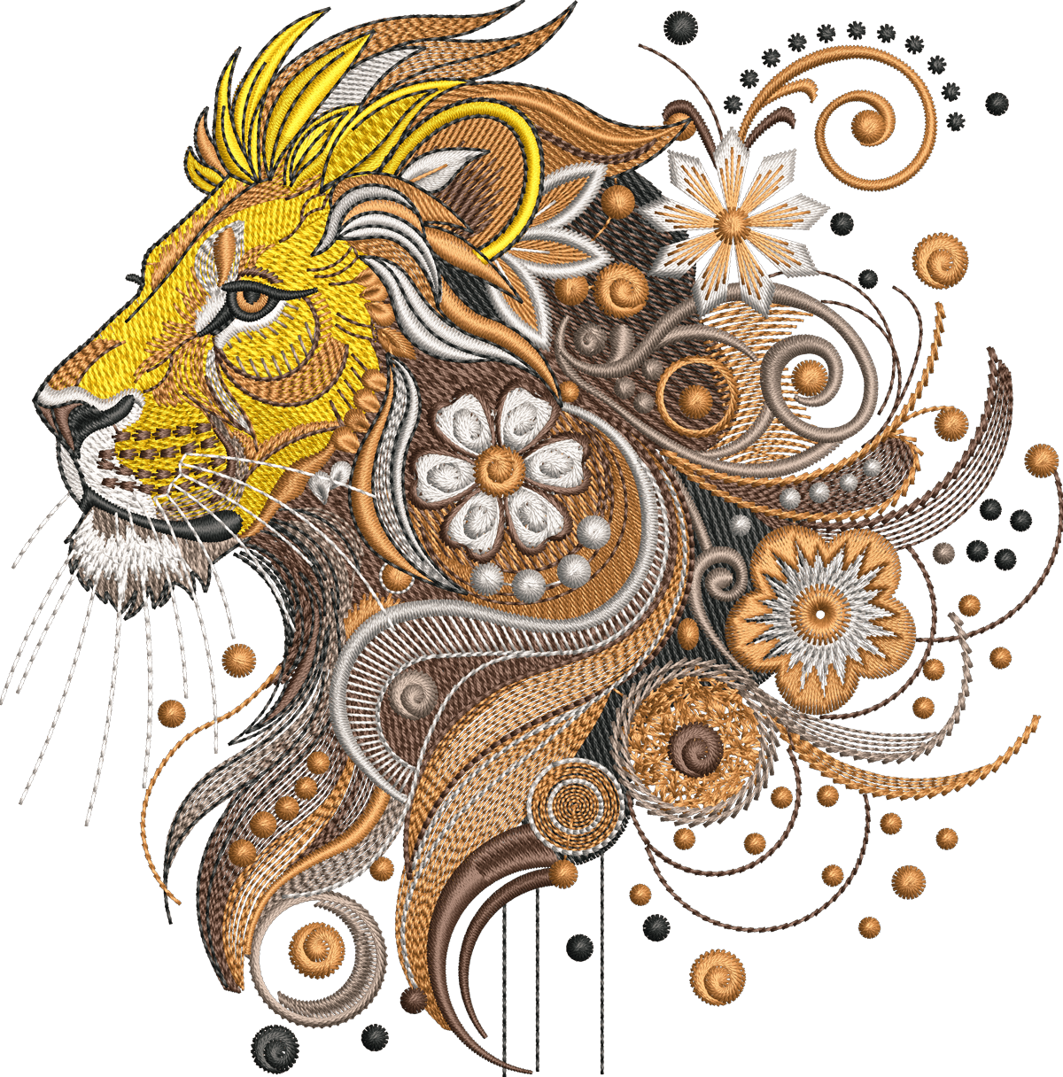 Lion floral embroidery digitized stitch file preview